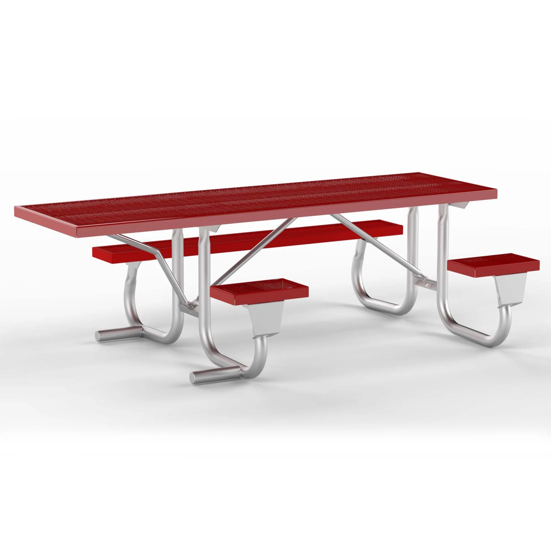 8J2GVP-SEWC-red Red picnic table with metal legs and benches.