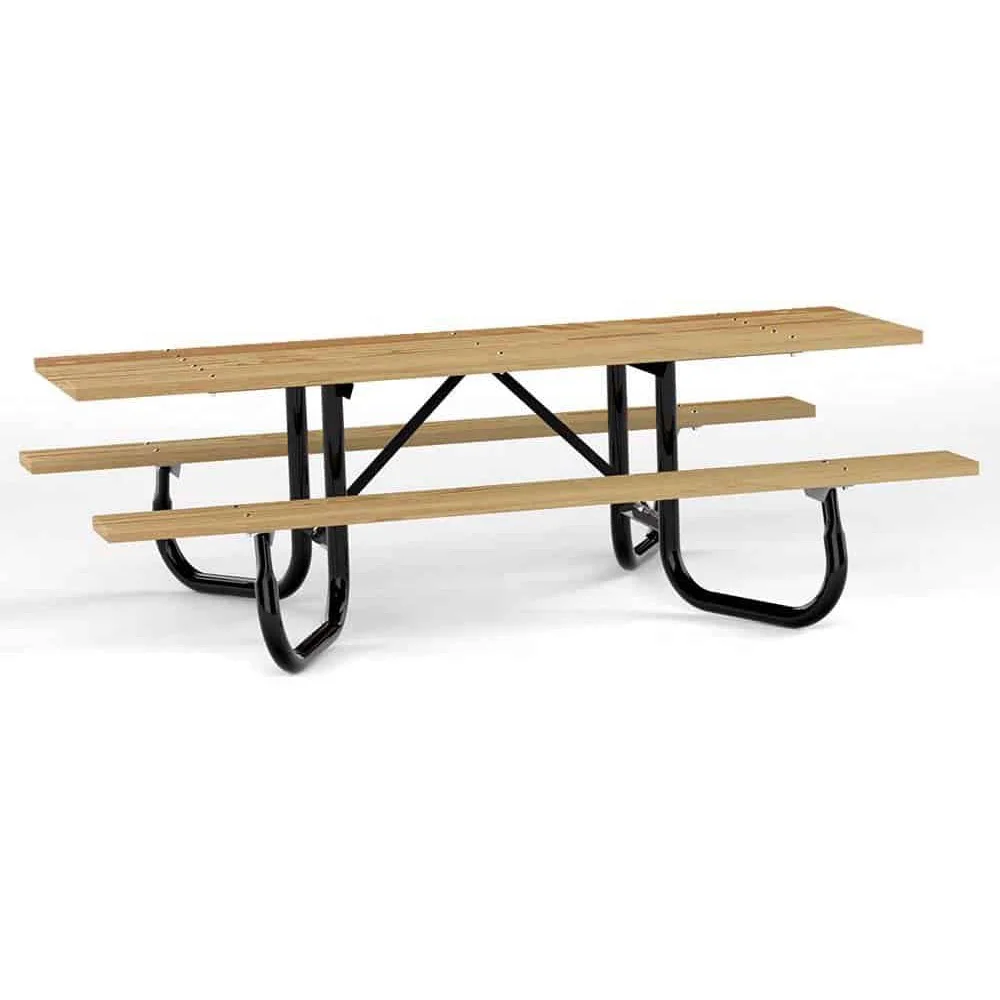 Wooden picnic table with black metal frame.