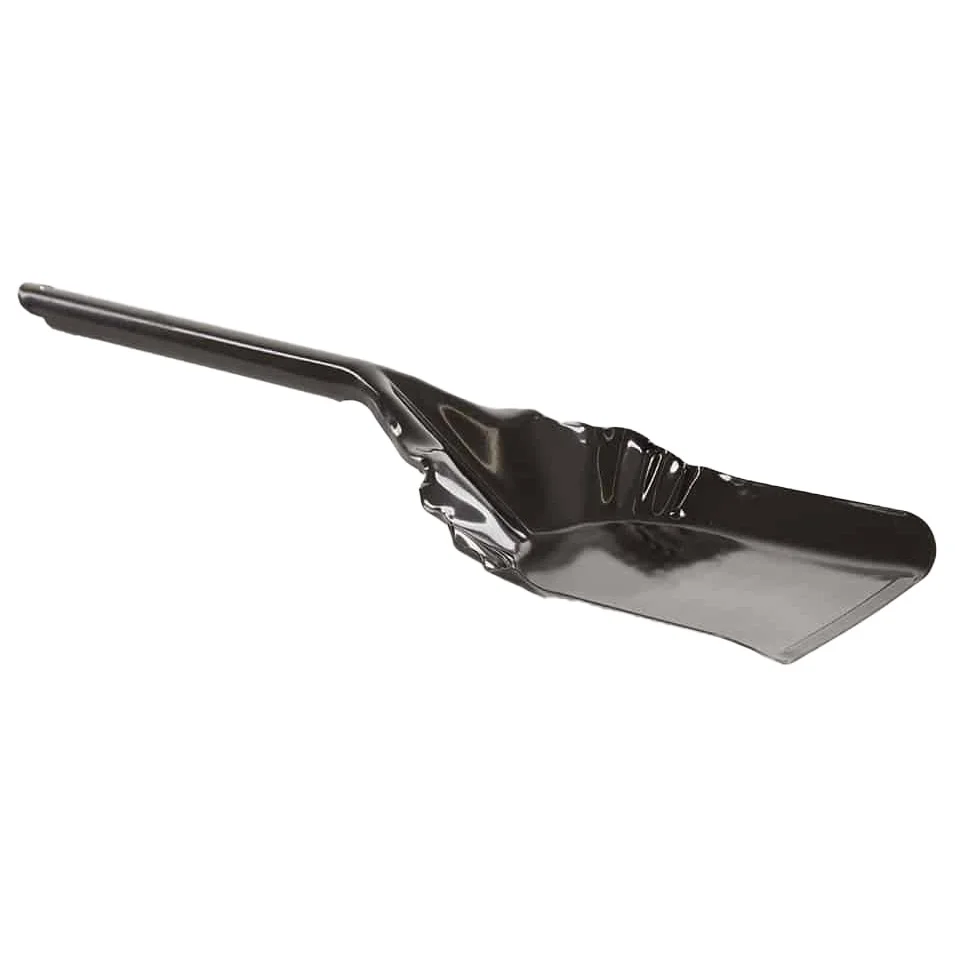 Black metal dustpan on white background.