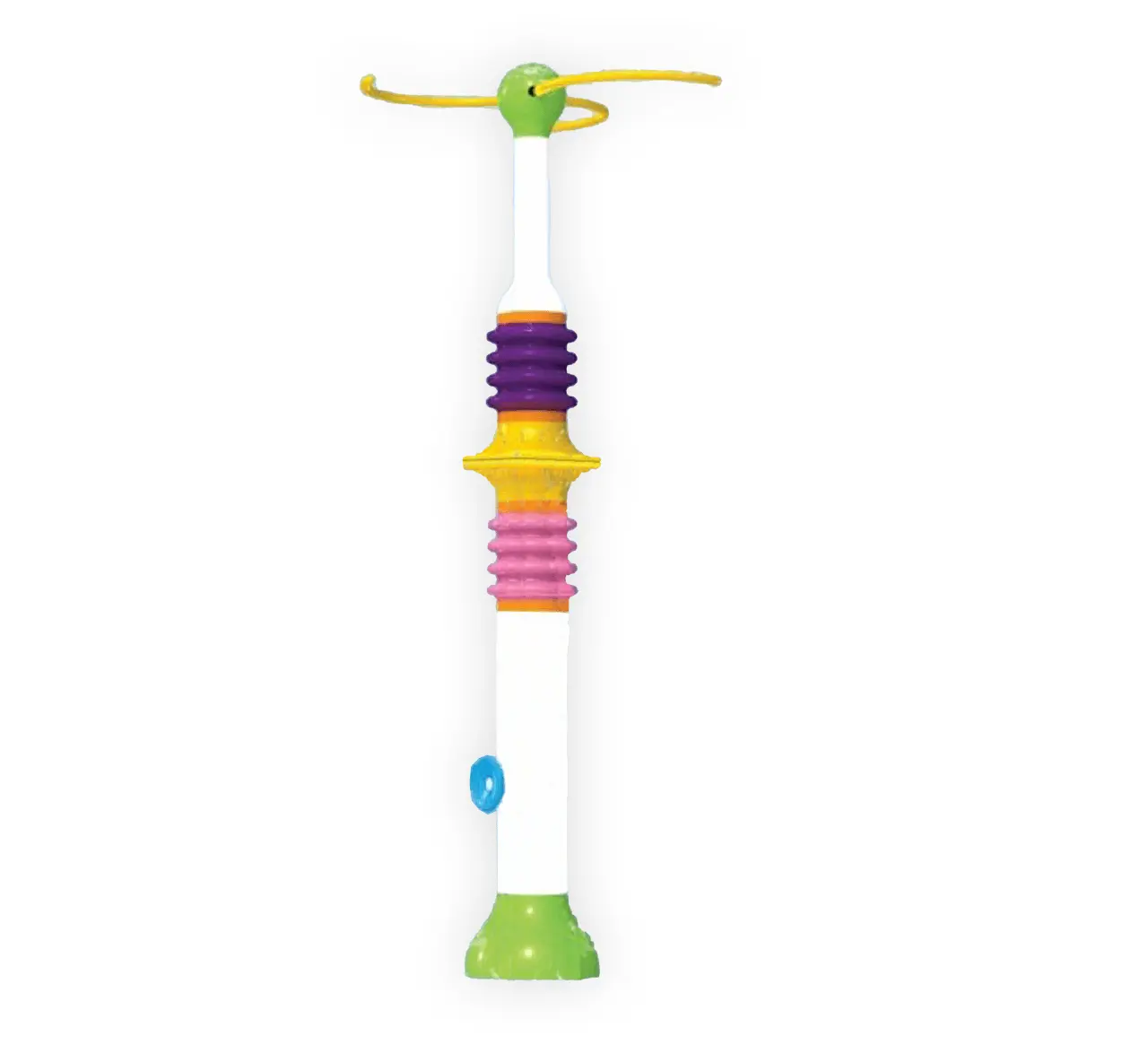 Colorful toy with a spring mechanism and a blue ball at the bottom.