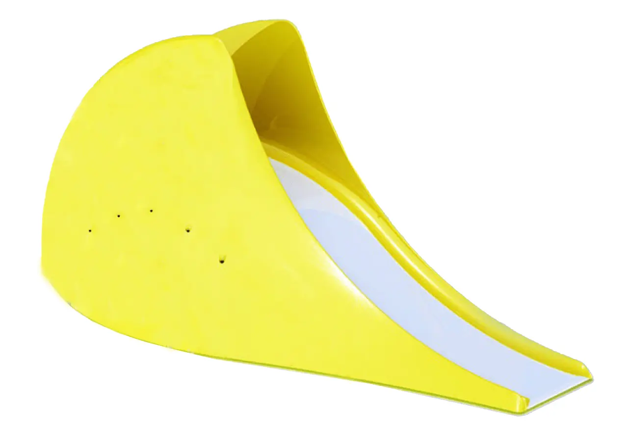 Yellow plastic ramp with a white stripe.