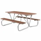 Outdoor picnic table with metal frame and wooden top.