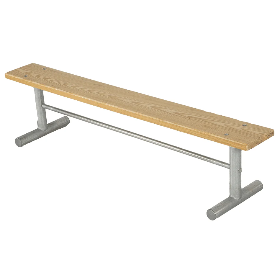 Backless-Bench Wooden bench with metal frame.