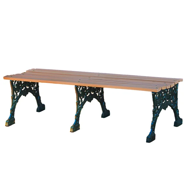 Backless-Renaissance-Park-Bench-2-Leg Outdoor bench with ornate legs and wooden slats.