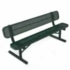 Outdoor bench with perforated backrest and seat.