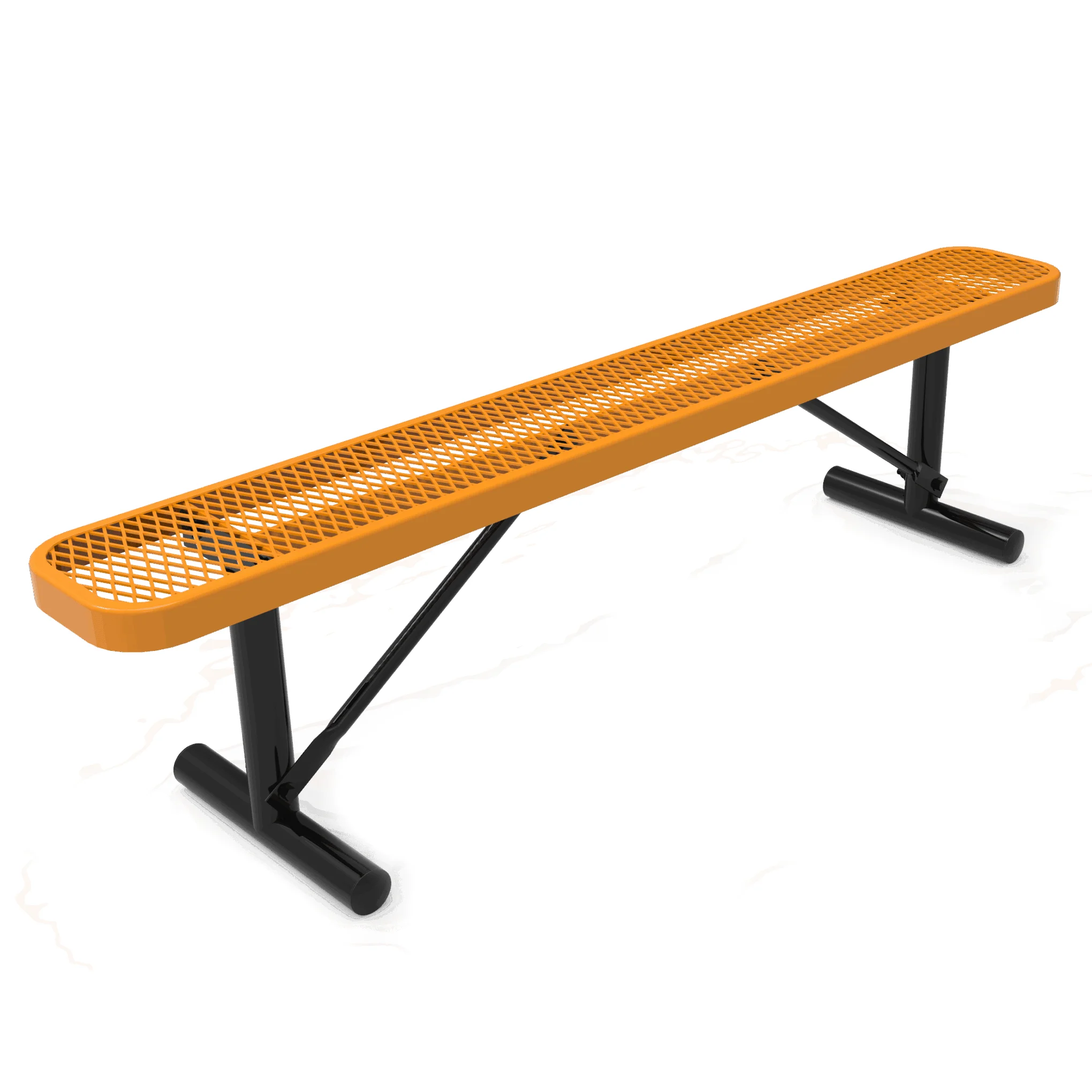 Bench-without-Back-Expanded-Metal-Portable-1-scaled Orange metal bench with black legs on a white background.