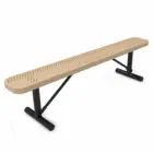 Beige perforated bench with black metal legs.