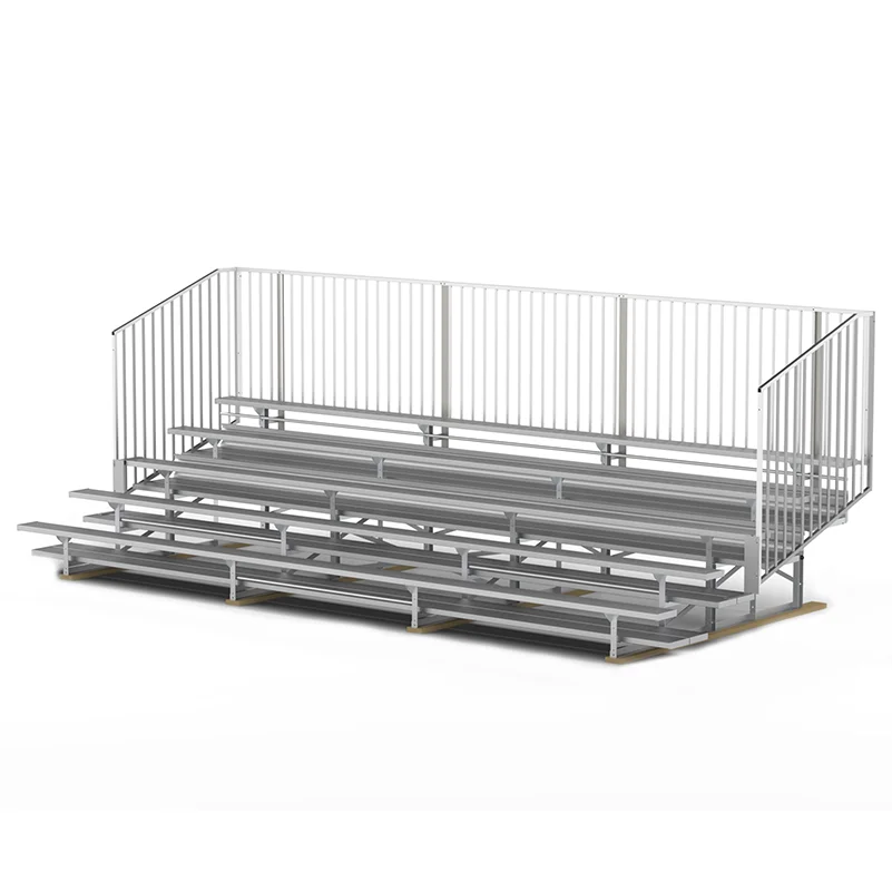 Bleachers Metal bleachers with a white railing.