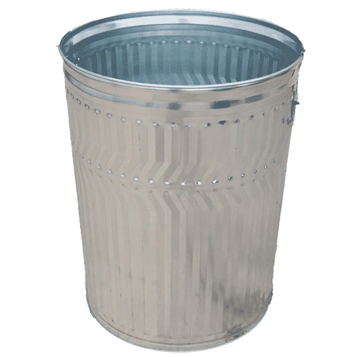 CG32-600x805-web Metal trash can with perforated sides and ribbed texture.