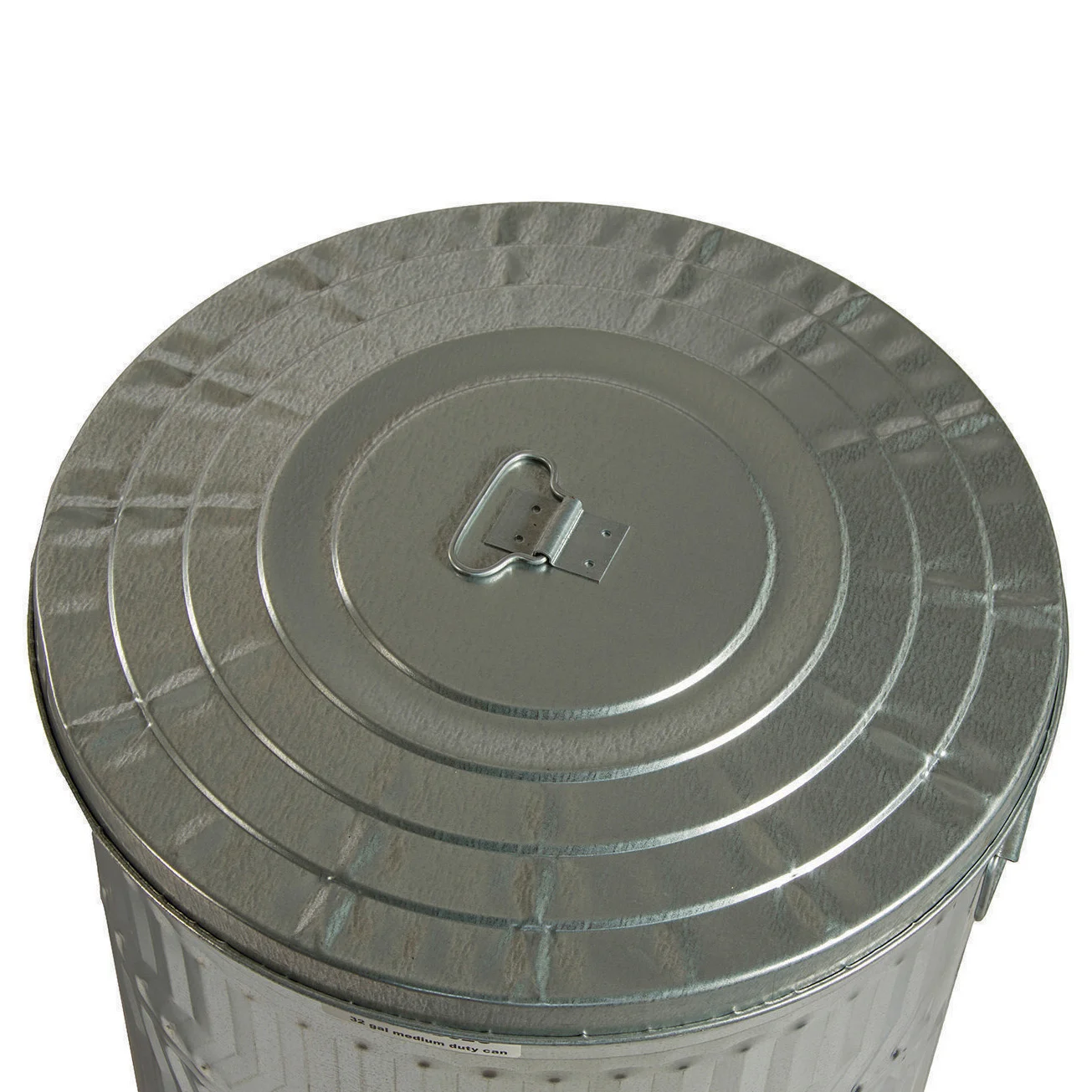 Silver metal trash can lid.