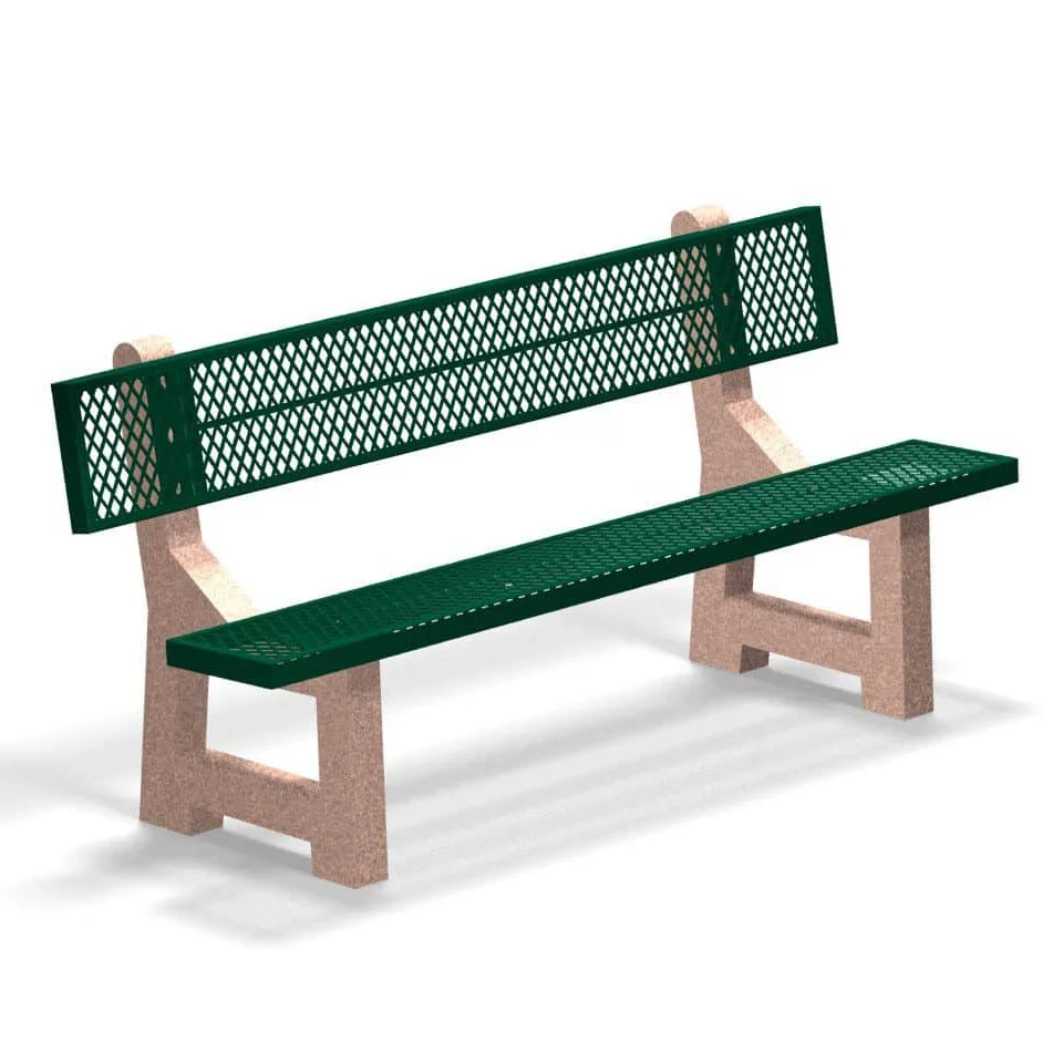 CMPBM Green metal bench with textured backrest and wooden legs.