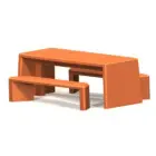 Orange outdoor table and bench set.