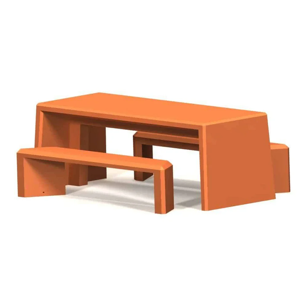 Orange outdoor table and bench set.