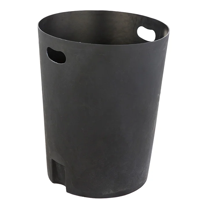Black cylindrical trash can with two handles.