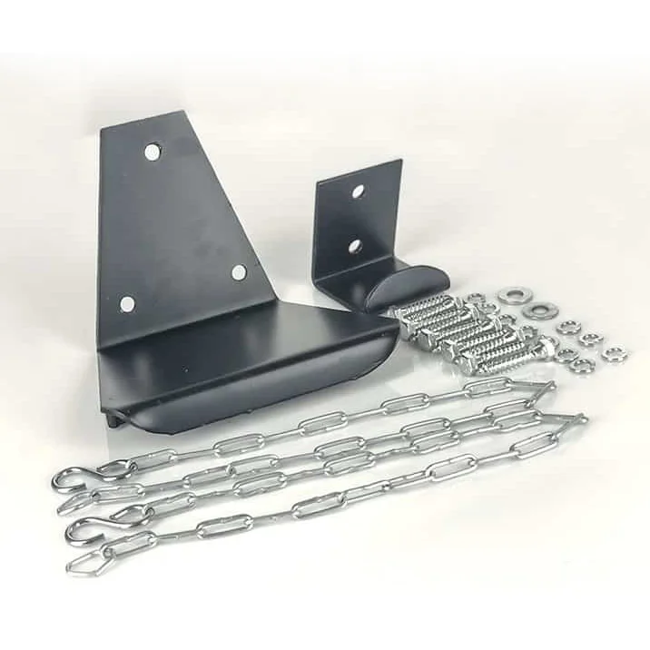 Black metal brackets and chains for securing objects.