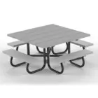 Square picnic table with benches and black metal legs.