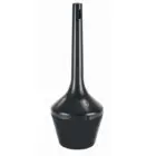 Black outdoor trash can with a long handle.