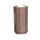 Brown cylindrical trash can with a white lid.