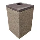 Concrete trash can with a textured surface and a square opening at the top.
