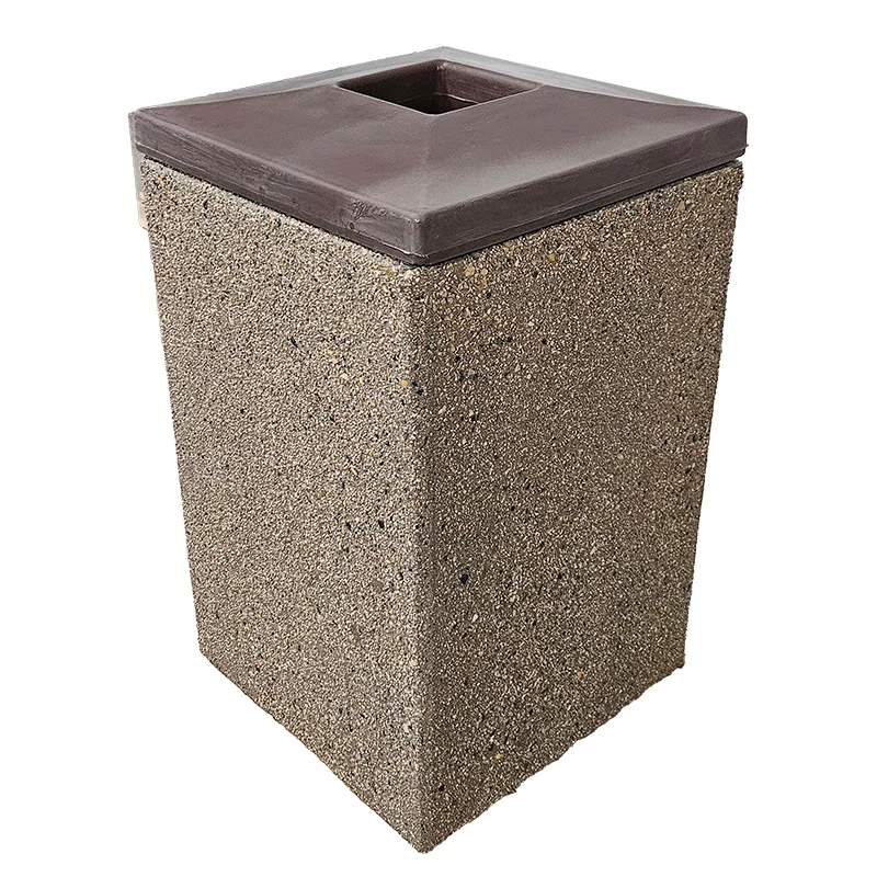 Concrete trash can with a textured surface and a square opening at the top.