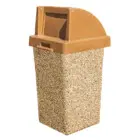 Brown trash can with textured surface and lid.
