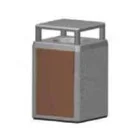 Outdoor trash can with a brown door and gray top.