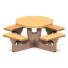 Octagonal picnic table with benches and a central hole.