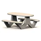 Modern outdoor picnic table with a light wood top and grey legs.