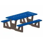 Blue picnic table with tree trunks as legs.