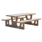 Beige and brown plastic picnic table with benches.