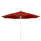 Red patio umbrella on white background.