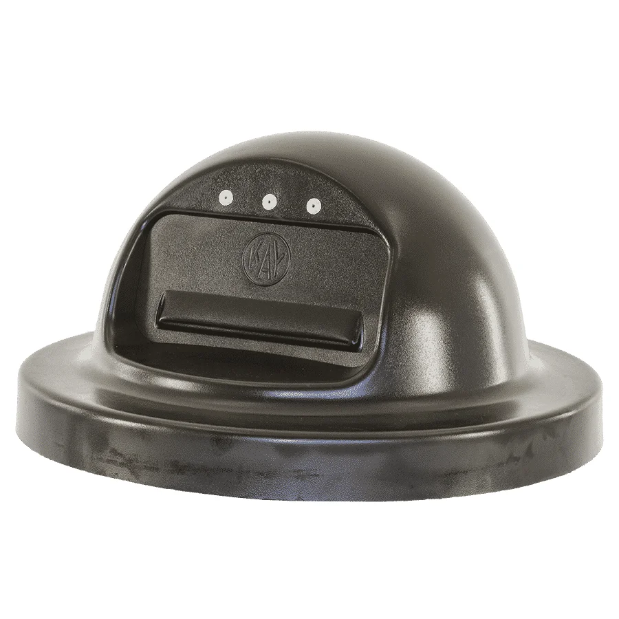 Black dome-shaped device with three small white dots and a circular logo.