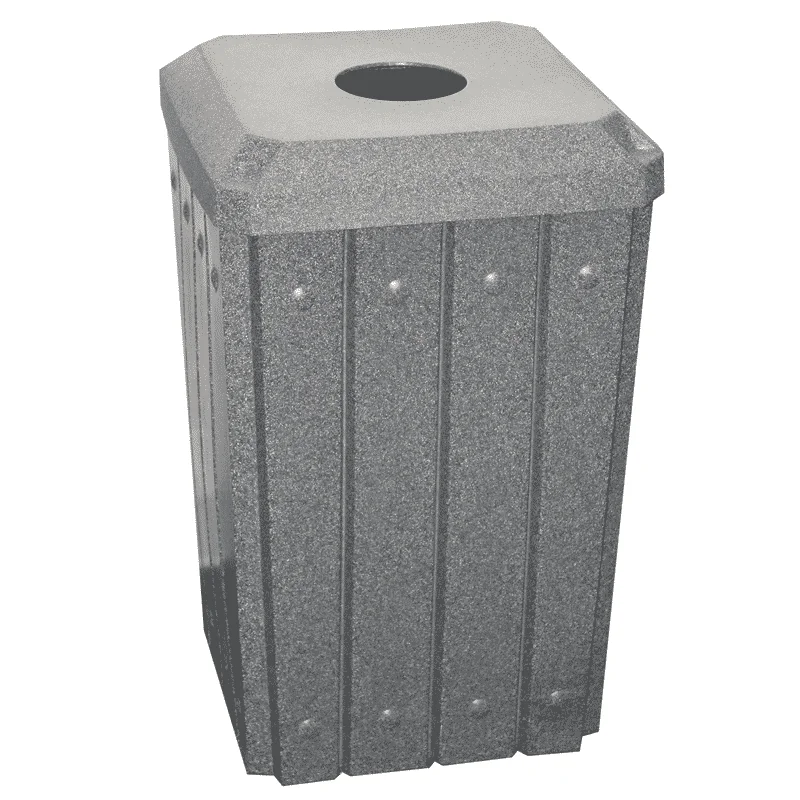 DarkGranite32Gallon Gray trash can with a round opening at the top.