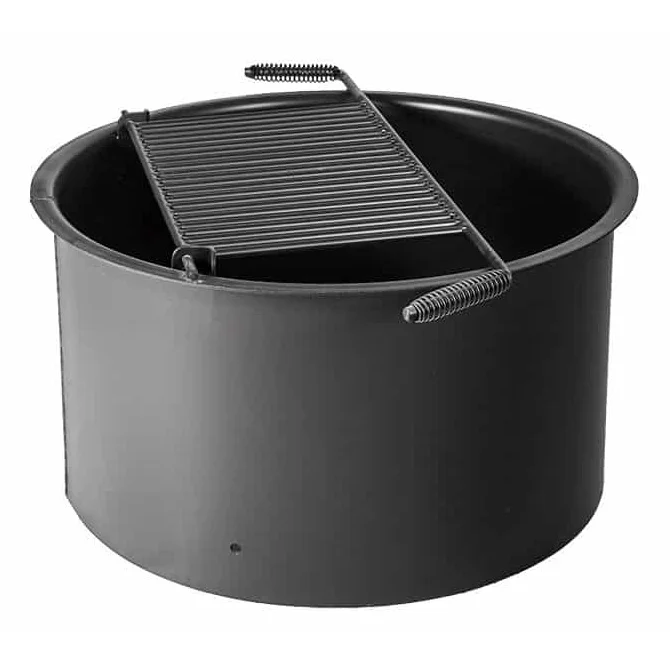 Black metal fire pit with lid and handle.