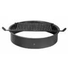 Black metal fire pit grill with handles.