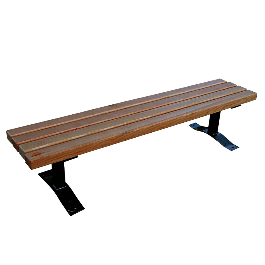 Wooden bench with metal supports.