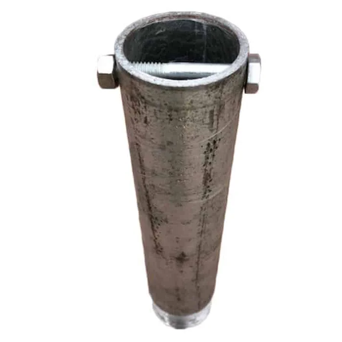 Metal pipe fitting with threaded end and two clamps.