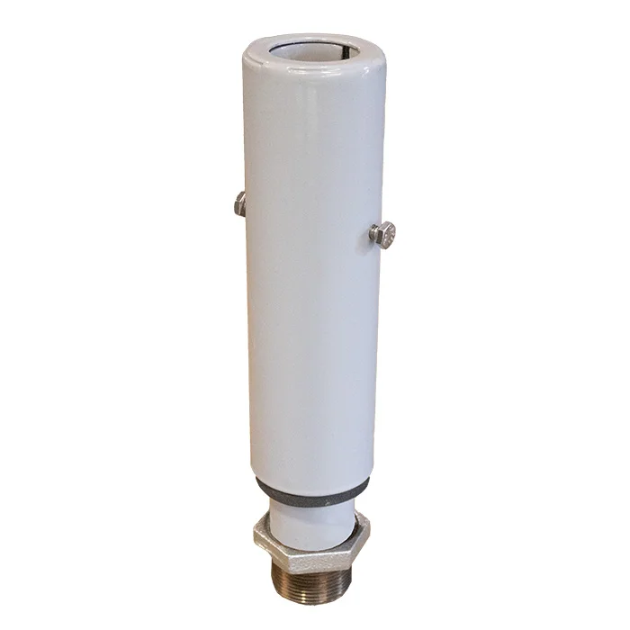 White cylindrical pipe fitting with two bolts and a hexagonal base.