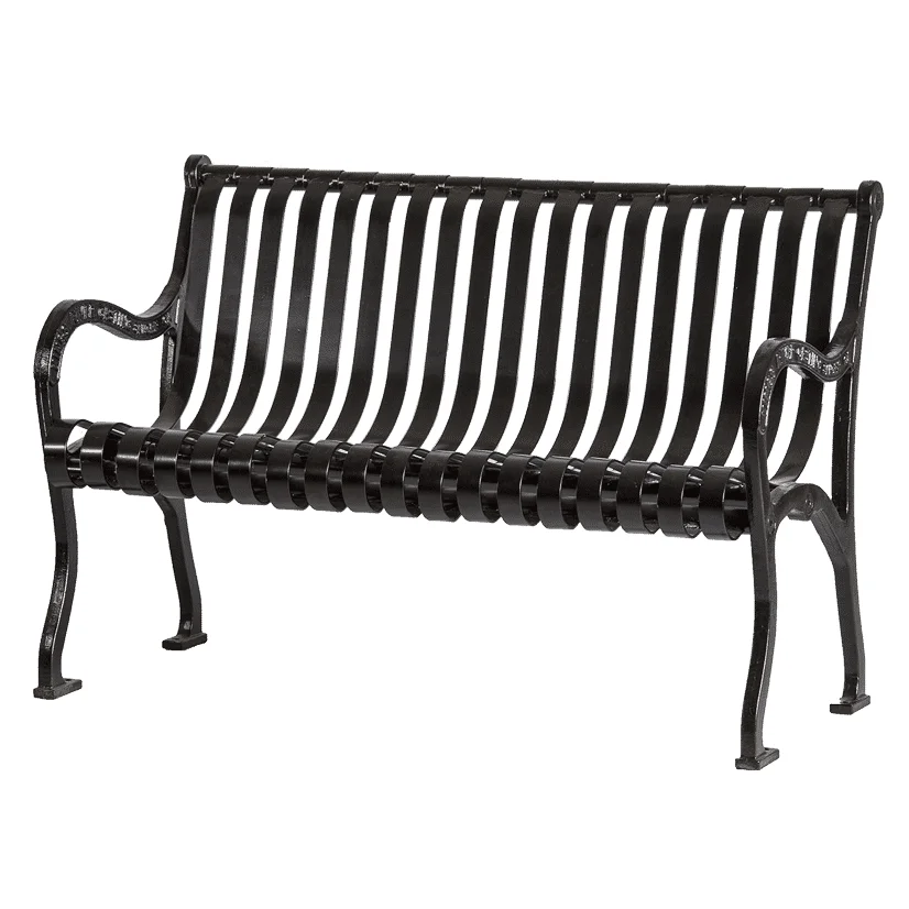 IVB48PC-white-bk Black metal bench with vertical slats and curved armrests.
