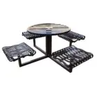 Round metal picnic table with black slatted benches.