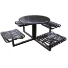 Round black metal picnic table with attached benches.