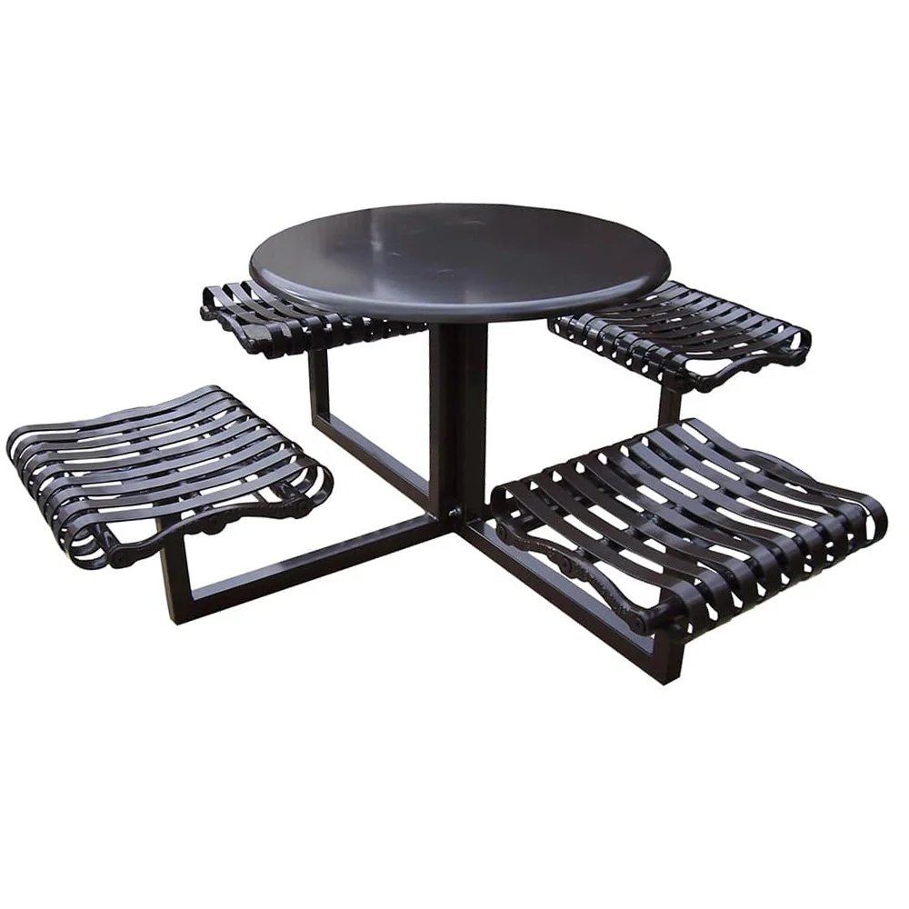 IVRT404S-web Round black metal picnic table with attached benches.