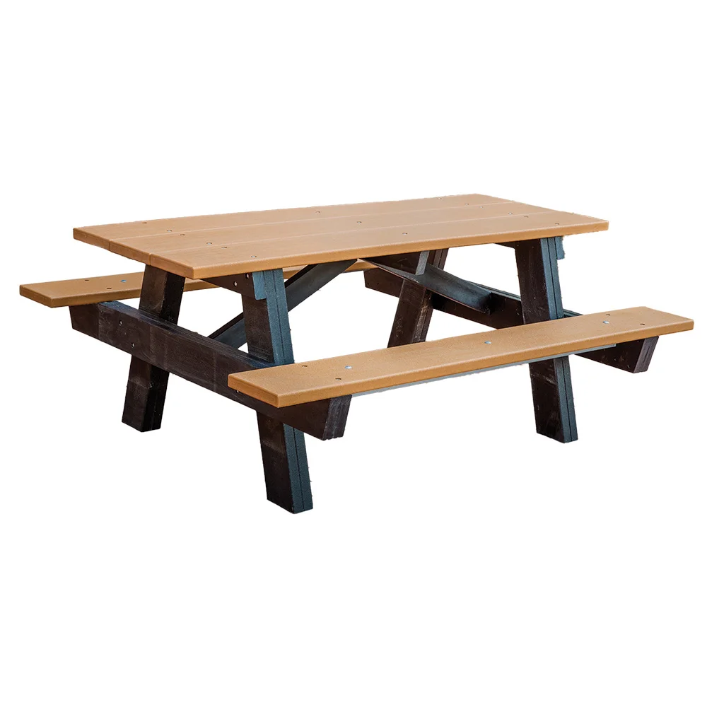 JPAF6-cedar2-web Wooden picnic table with benches and metal supports.