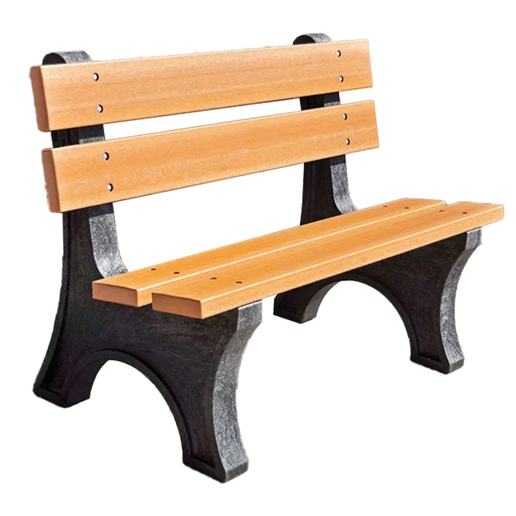 JPCB-2x6-Recycled-Bench Wooden park bench with black and gray legs.