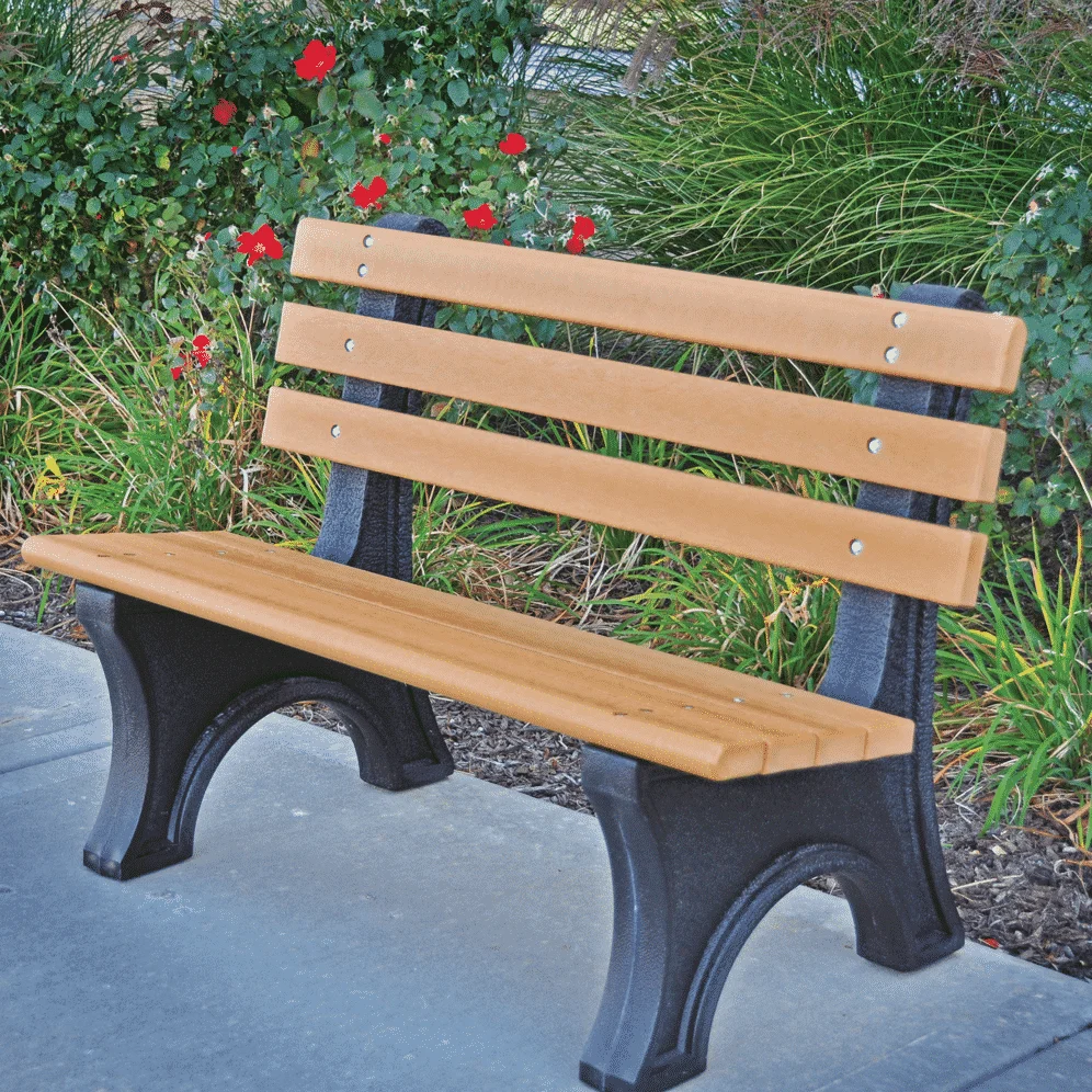 JPCB42 Wooden park bench with black legs and backrest.