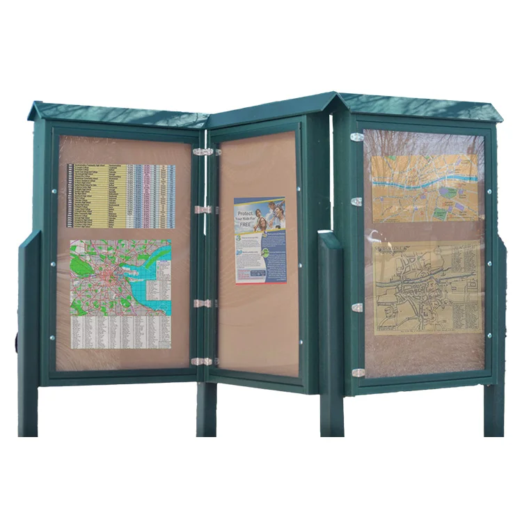 Outdoor information kiosk with maps and notices.