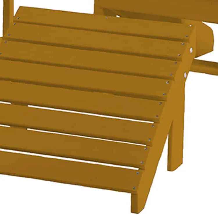 Yellow wooden chair with slatted back and armrests.
