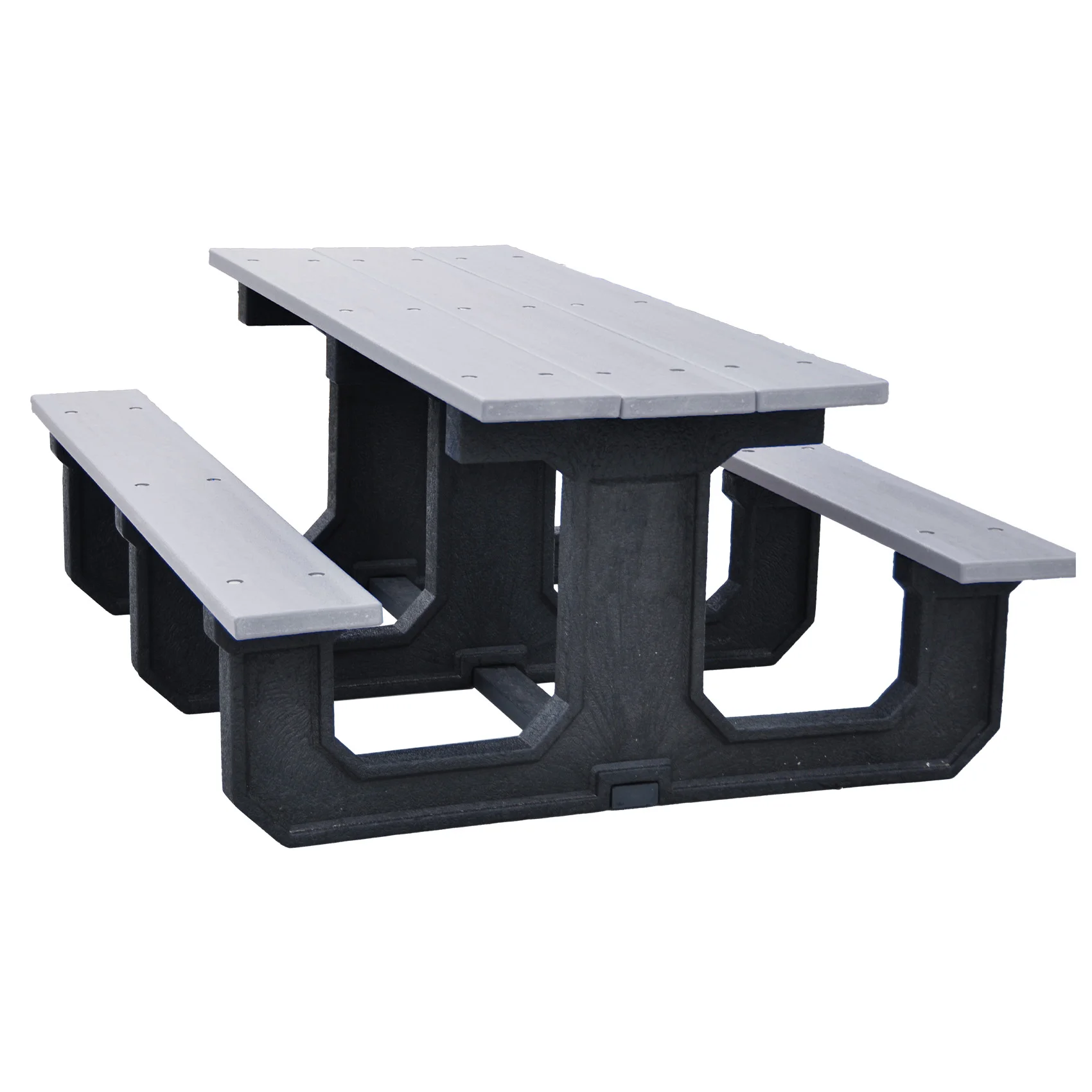 Outdoor picnic table with gray top and black base.