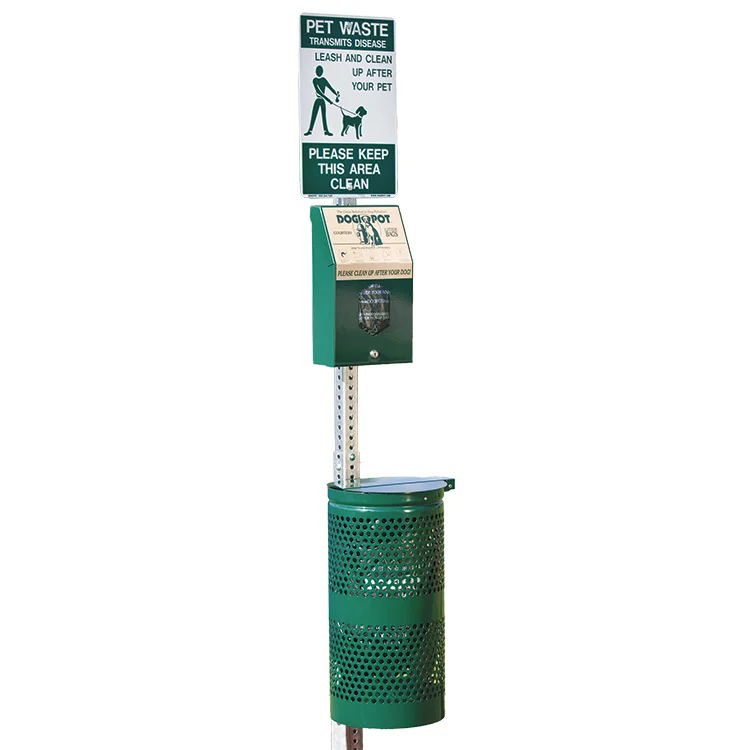 KDP1003HP Pet waste station with sign and dispenser.
