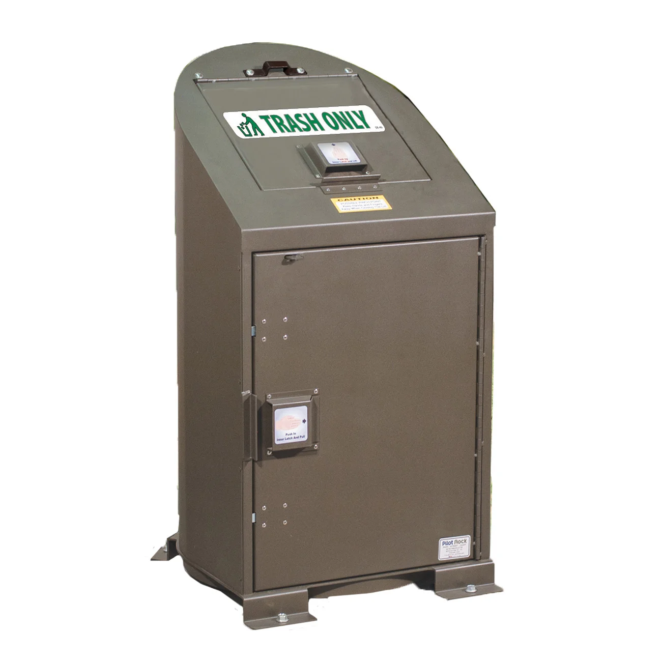 KPBPR36-01 Trash bin with TRASH ONLY sign and green recycling icon.